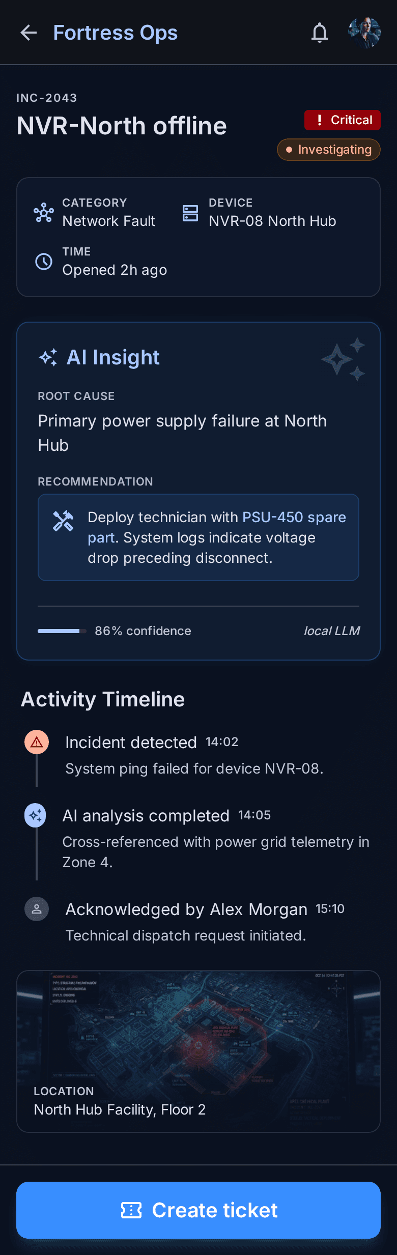 IOSentra mobile app - incident detail with AI root-cause insight
